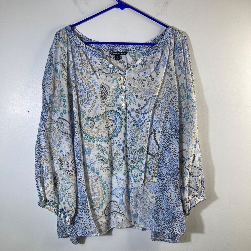 Womens Zac & Rachel‎ Woman V Neck Floral Boho Top 3/4 Sleeves White Blue Tan 2X
